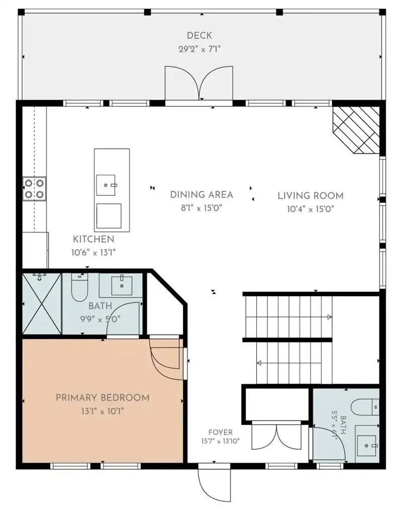 Level 2 — Kitchen, dining, living room with queen sleeper sofa, primary suite, half bath & deck