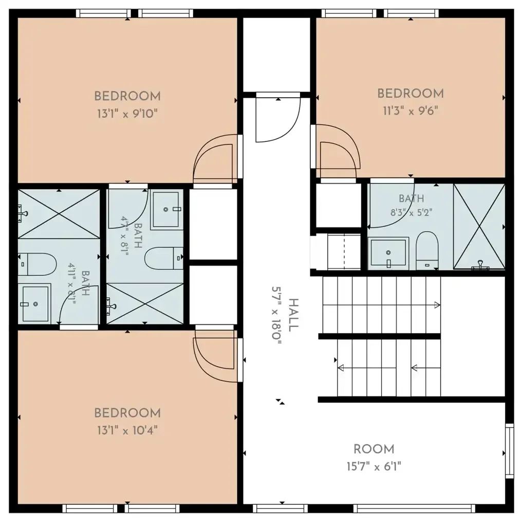 Level 3 — Three bedroom suites, three bathrooms & private gym